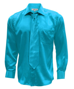 Turquoise Satin Men's Regular Fit Shirt, Tie & Hanky Set - Ferrecci USA 