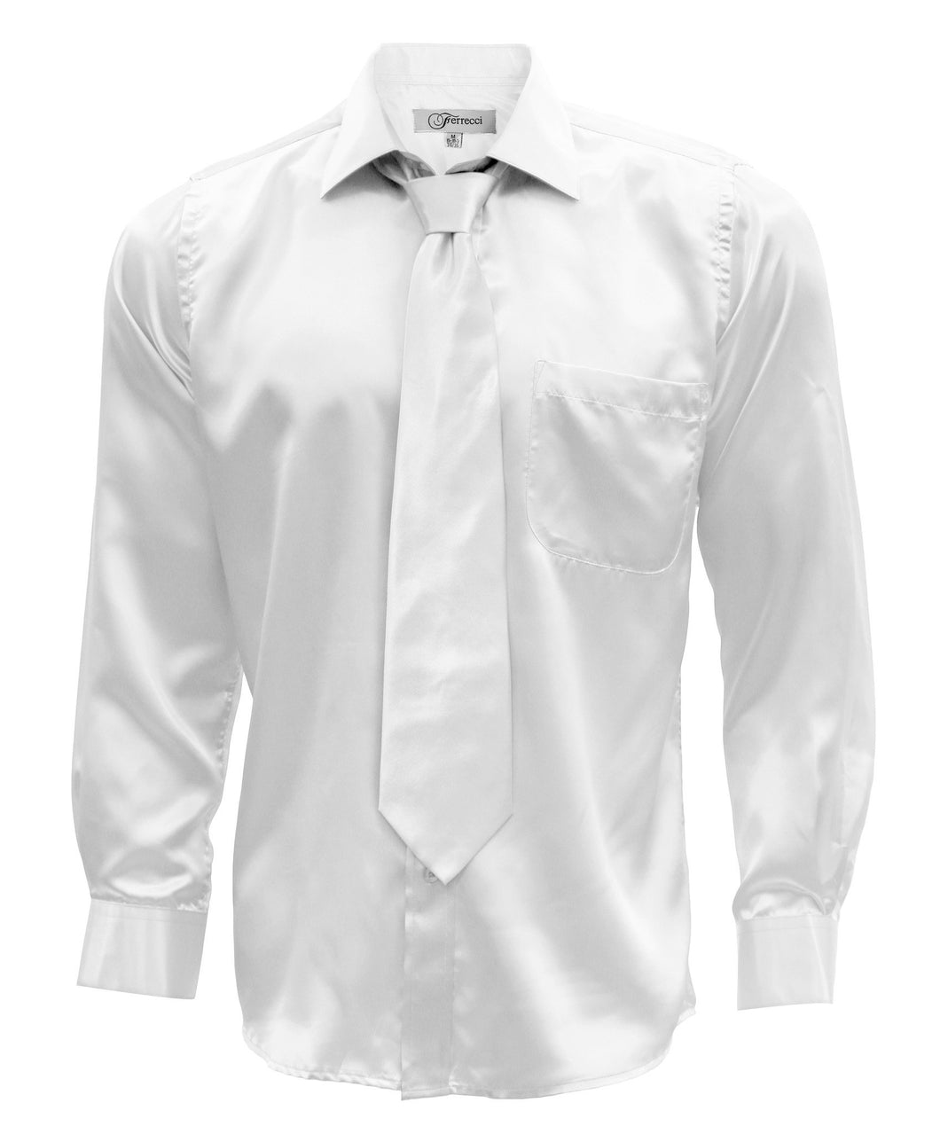 White Satin Men's Regular Fit Shirt, Tie & Hanky Set - Ferrecci USA 
