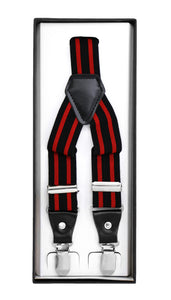 Black with Red Stripe Unisex Clip On Suspenders - Ferrecci USA 