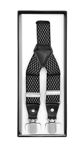 Black with White Diamond Unisex Clip On Suspenders - Ferrecci USA 