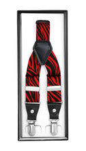 Load image into Gallery viewer, Black &amp; Red Zebra Unisex Clip On Suspenders - Ferrecci USA 
