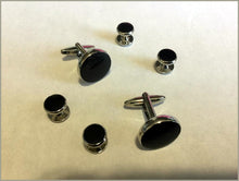 Load image into Gallery viewer, Black &amp; Silver Tuxedo Cuff-Link &amp; Stud Set
