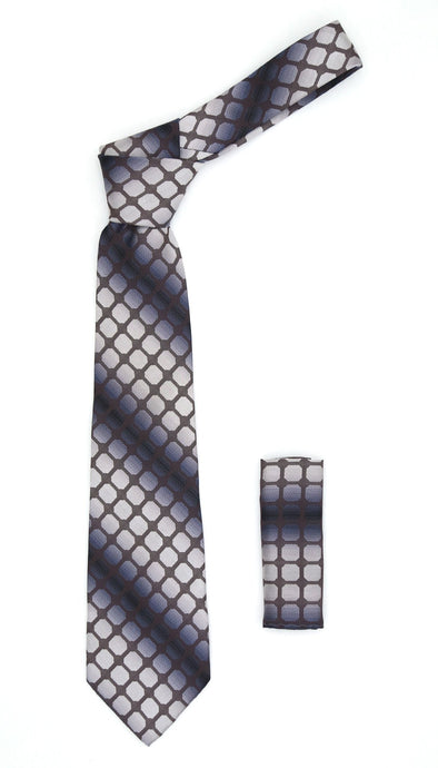 Geometric Grey w Brown Squares Necktie w. Hanky Set - Ferrecci USA 