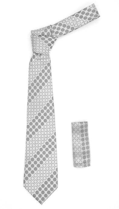 Geometric Silver Necktie w. Grey Circles w. Hanky Set - Ferrecci USA 