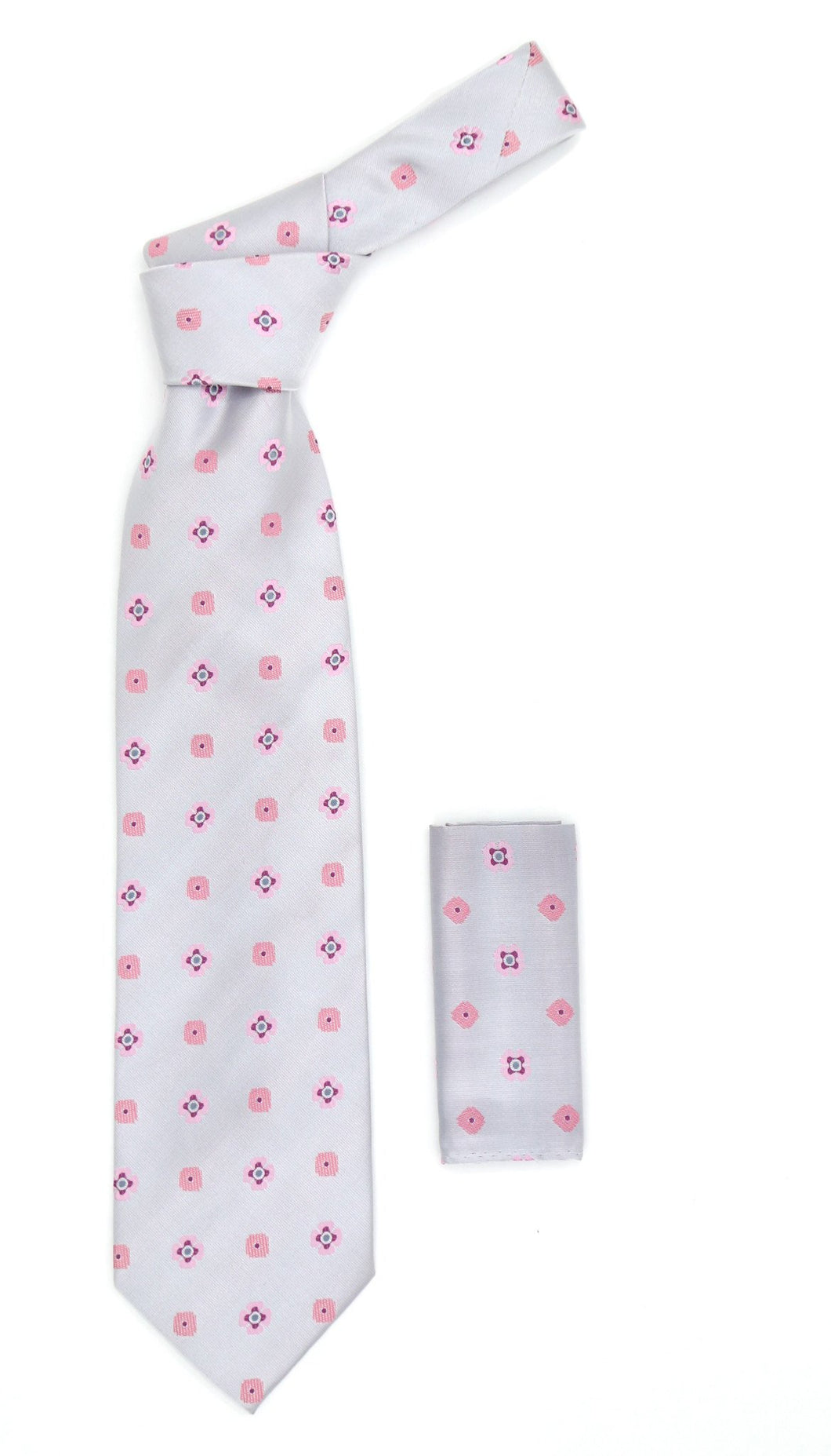 Geometric Light Grey Necktie w. Pink Clovers & Squares w. Hanky Set - Ferrecci USA 