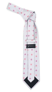 Geometric Light Grey Necktie w. Pink Clovers & Squares w. Hanky Set - Ferrecci USA 