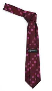 Geometric Berry Red Necktie w. Dotted Squares Hanky Set - Ferrecci USA 