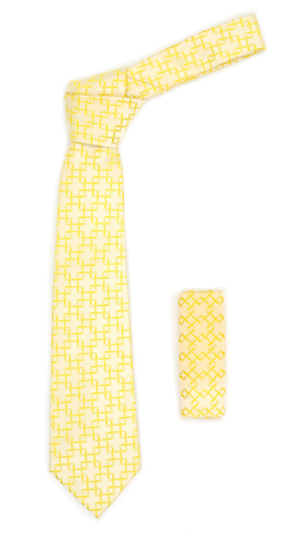 Geometric Light Yellow w. Yellow Line Necktie with Hanky Set - Ferrecci USA 