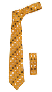 Geometric Burnt Orange Necktie w. White Brown and Tan Squares with Hanky Set - Ferrecci USA 