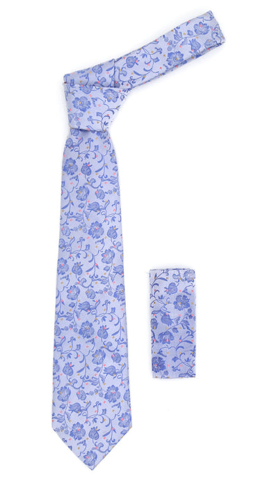 Geometric Baby Blue Necktie w. Outline Grey & Dark Blue Circles w. Hanky Set - Ferrecci USA 
