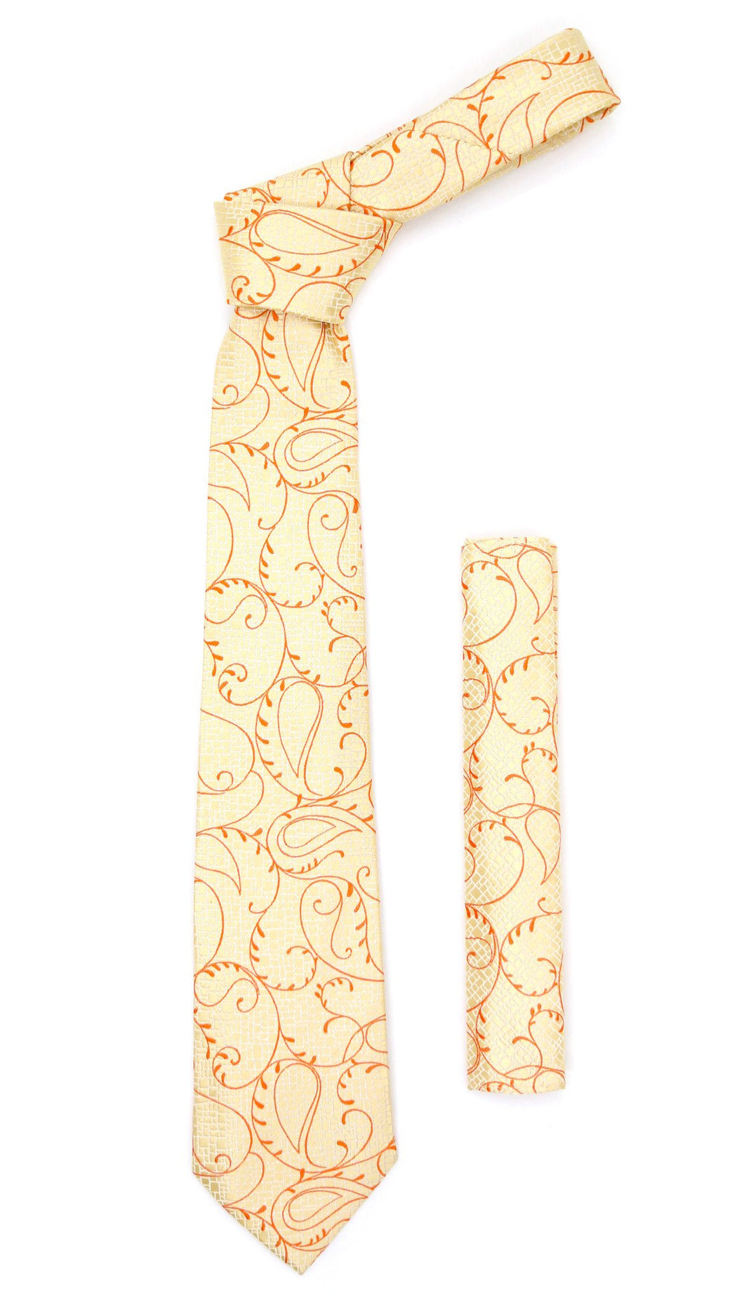 Gold Orange Floral Design Necktie with Handkerchief Set - Ferrecci USA 