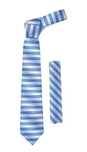 Load image into Gallery viewer, Microfiber Blue Silver Striped Tie and Hankie Set - Ferrecci USA 
