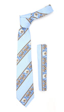 Load image into Gallery viewer, Microfiber Baby Blue Floral Striped Tie and Hankie Set - Ferrecci USA 
