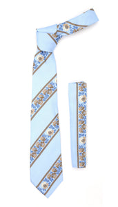 Microfiber Baby Blue Floral Striped Tie and Hankie Set - Ferrecci USA 