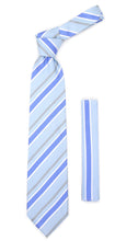 Load image into Gallery viewer, Microfiber Sky Blue Grey Striped Tie and Hankie Set - Ferrecci USA 

