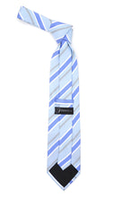 Load image into Gallery viewer, Microfiber Sky Blue Grey Striped Tie and Hankie Set - Ferrecci USA 
