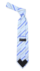 Microfiber Sky Blue Grey Striped Tie and Hankie Set - Ferrecci USA 