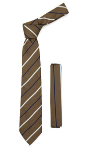 Microfiber Brown Baby Blue Striped Tie and Hankie Set - Ferrecci USA 