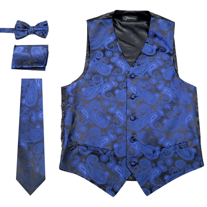 Ferrecci Mens Blue/Black Paisley Wedding Prom Grad Choir Band 4pc Vest Set - Ferrecci USA 