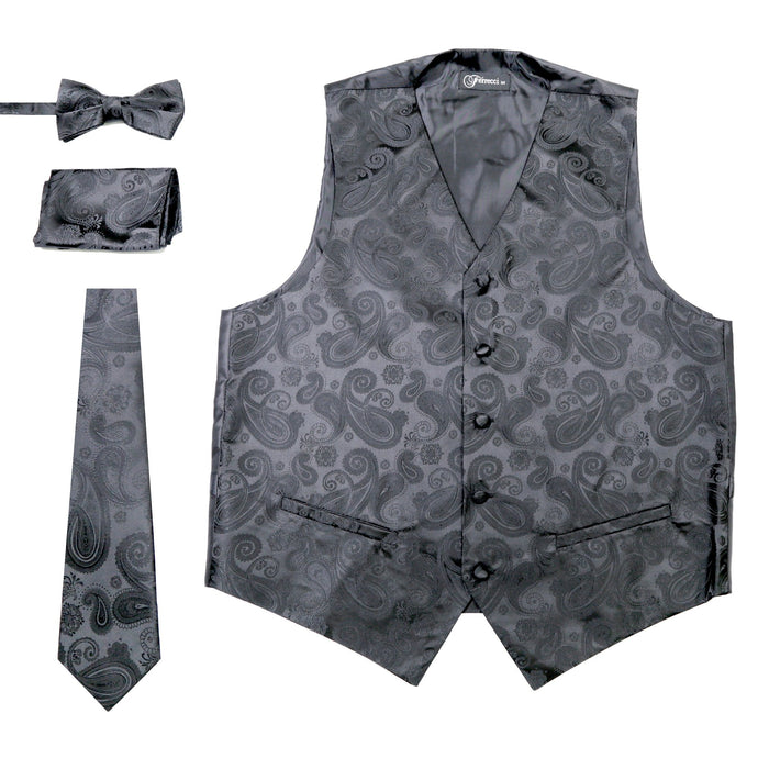 Ferrecci Mens Black Paisley Wedding Prom Grad Choir Band 4pc Vest Set - Ferrecci USA 