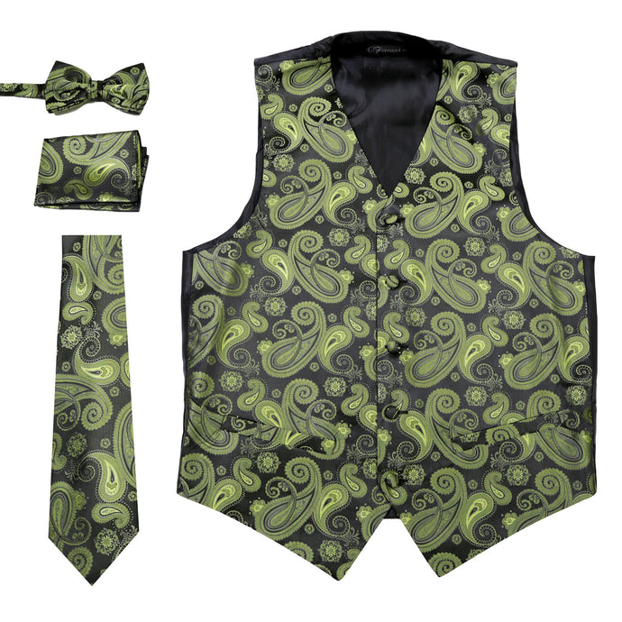 Ferrecci Mens Green/Black Paisley Wedding Prom Grad Choir Band 4pc Vest Set - Ferrecci USA 