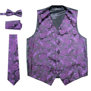 Ferrecci Mens  Purple/Black Paisley Wedding Prom Grad Choir Band 4pc Vest Set - Ferrecci USA 