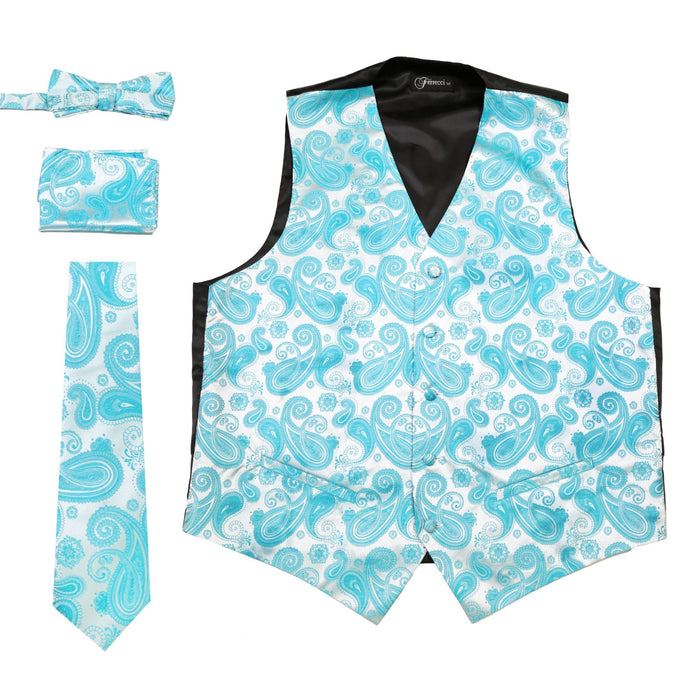 Ferrecci Mens Turquoise Paisley Wedding Prom Grad Choir Band 4pc Vest Set - Ferrecci USA 