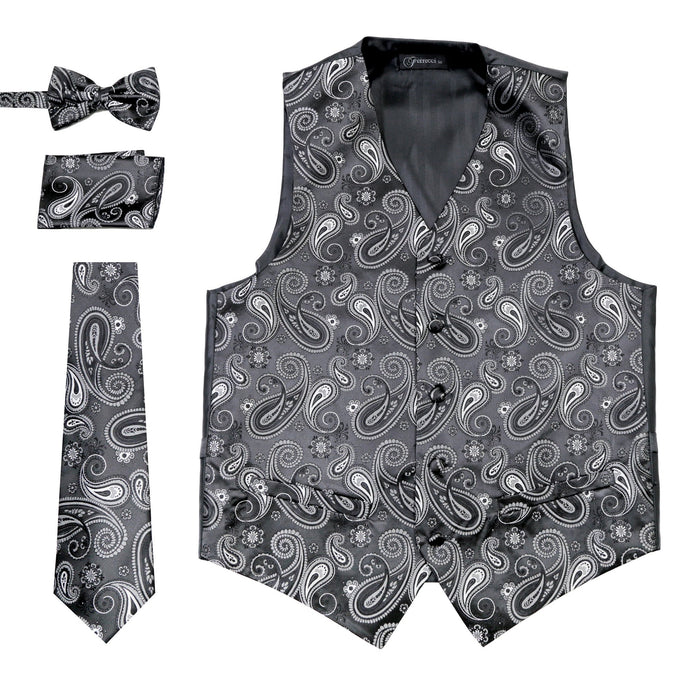 Ferrecci Mens Silver/Black Paisley Wedding Prom Grad Choir Band 4pc Vest Set - Ferrecci USA 