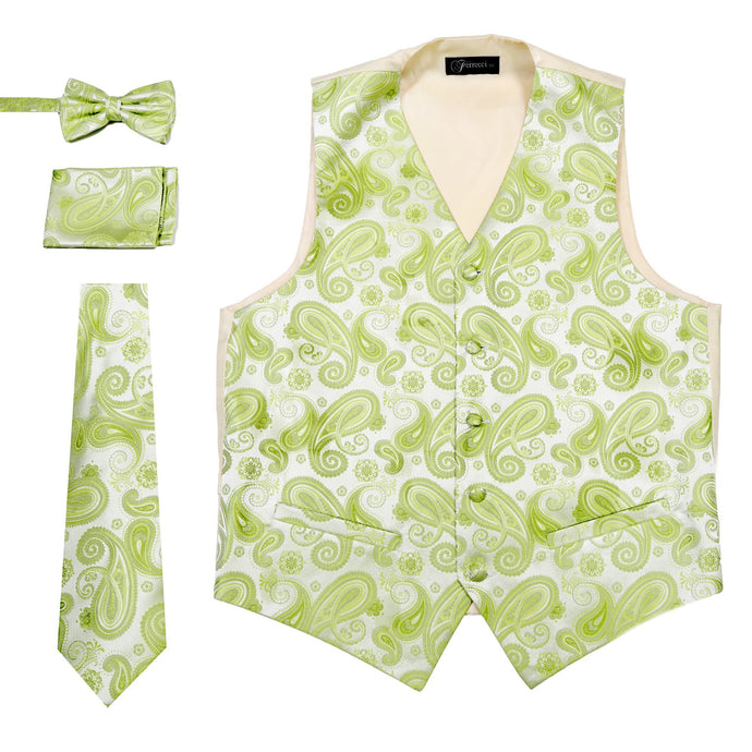 Ferrecci Mens Limon Green Paisley Wedding Prom Grad Choir Band 4pc Vest Set - Ferrecci USA 