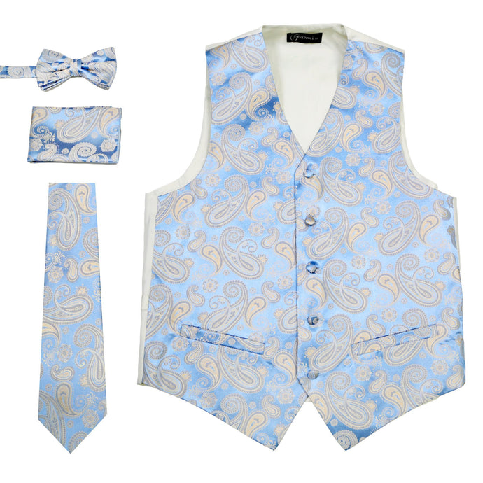 Ferrecci Mens Blue/Off-White Paisley Wedding Prom Grad Choir Band 4pc Vest Set - Ferrecci USA 