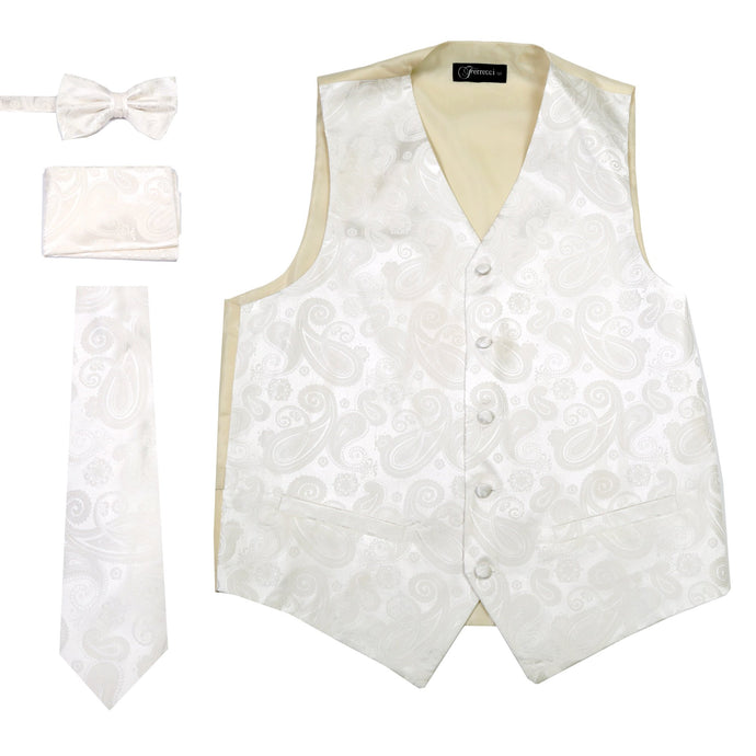 Ferrecci Mens Off-White Paisley Wedding Prom Grad Choir Band 4pc Vest Set - Ferrecci USA 