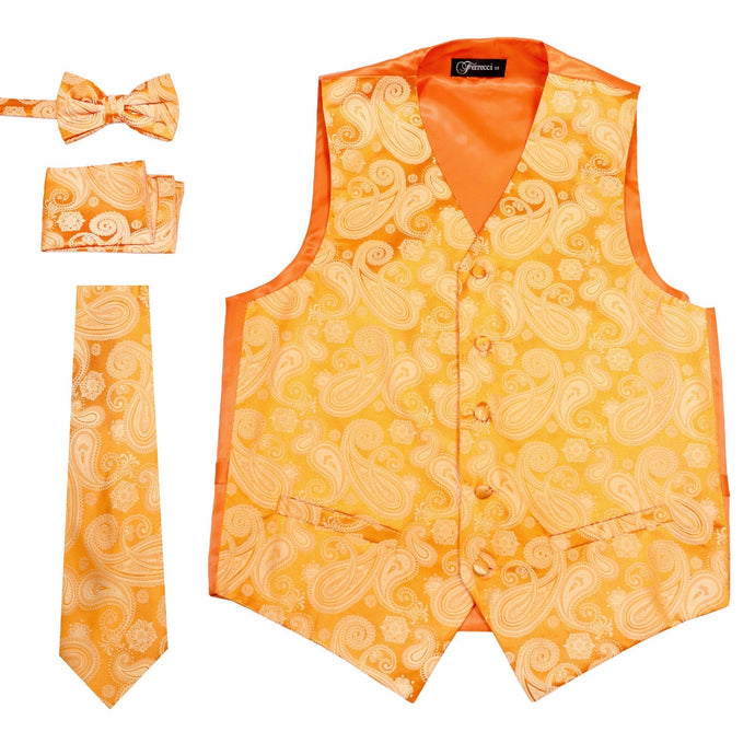 Ferrecci Mens Orange/Orange Paisley Wedding Prom Grad Choir Band 4pc Vest Set - Ferrecci USA 