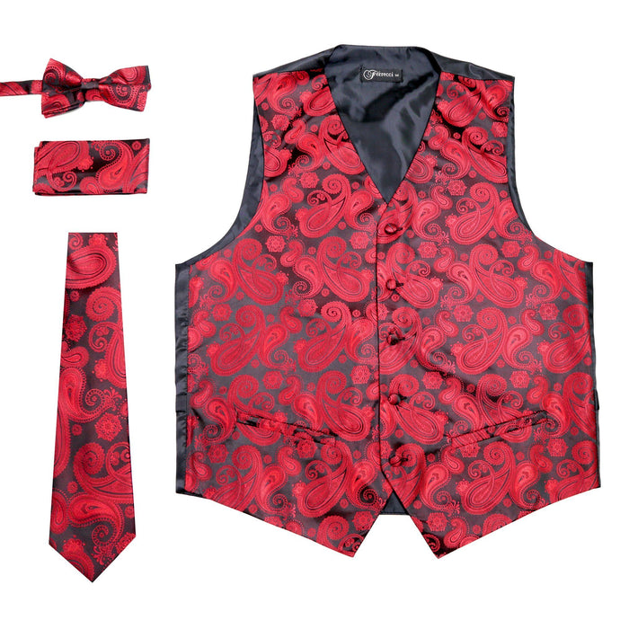 Ferrecci Mens Red/Black Paisley Wedding Prom Grad Choir Band 4pc Vest Set - Ferrecci USA 