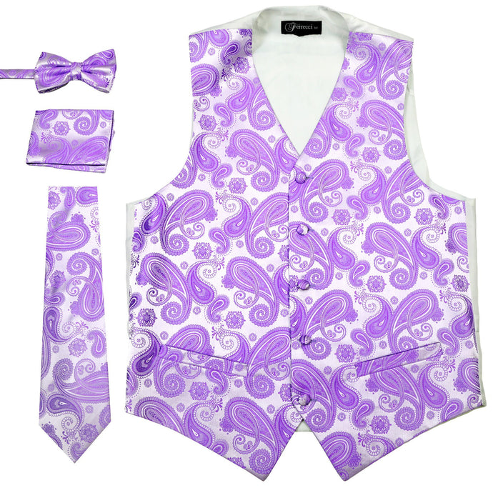 Ferrecci Mens Purple Paisley Wedding Prom Grad Choir Band 4pc Vest Set - Ferrecci USA 