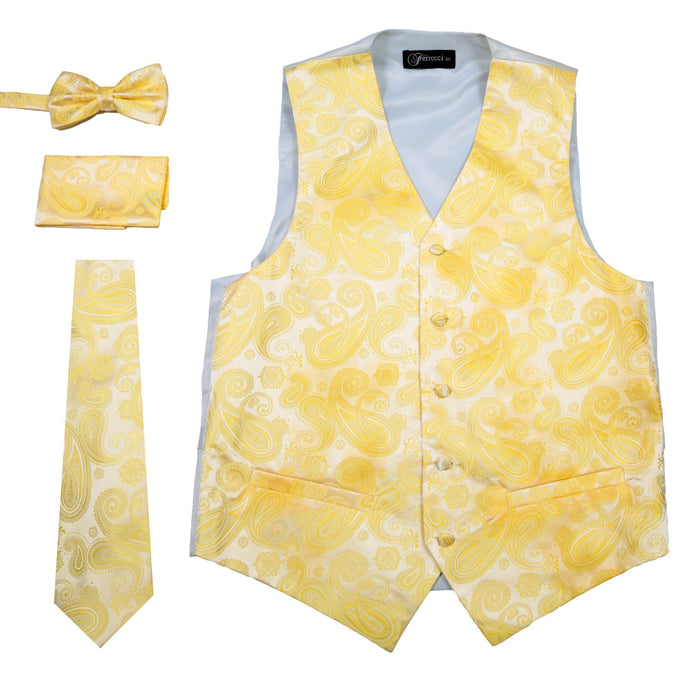 Ferrecci Mens Yellow Paisley Wedding Prom Grad Choir Band 4pc Vest Set - Ferrecci USA 