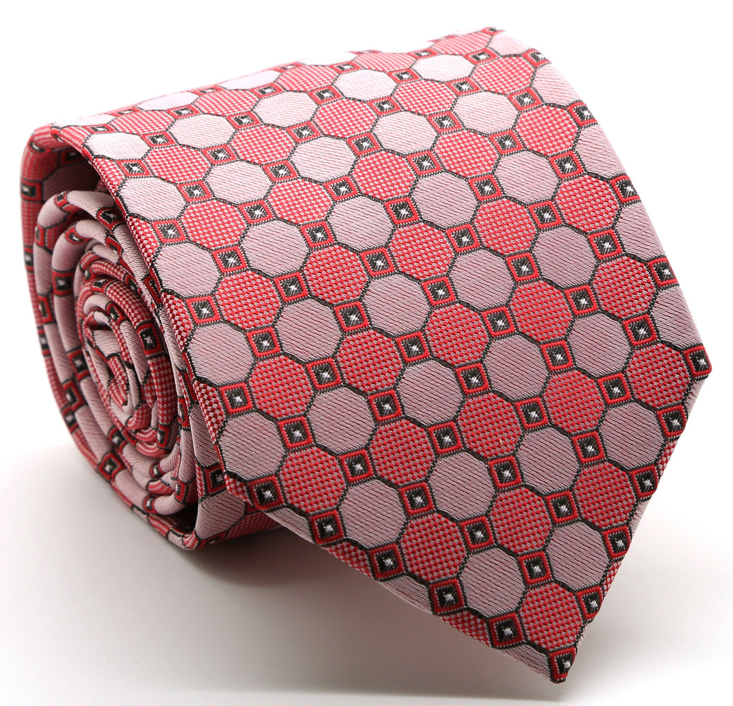 Mens Dads Classic Red Geometric Pattern Business Casual Necktie & Hanky Set W-9 - Ferrecci USA 