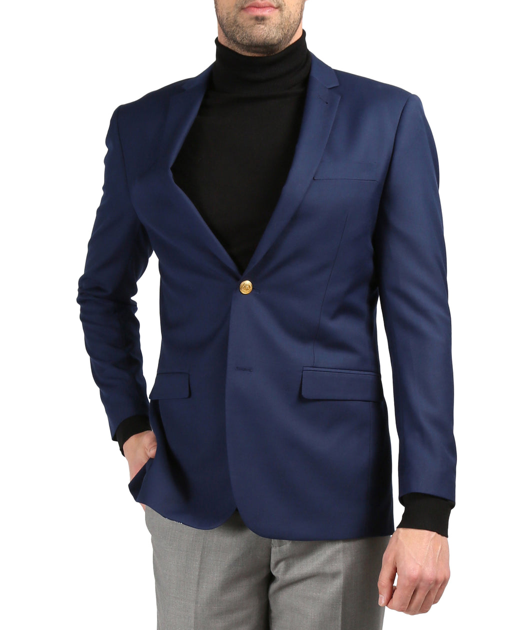 Men's Warwick Gold Button Slim Fit Navy Blazer - Ferrecci USA 