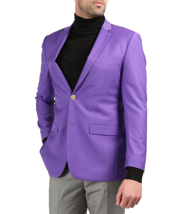 Men's Warwick Gold Button Slim Fit Purple Blazer - Ferrecci USA 