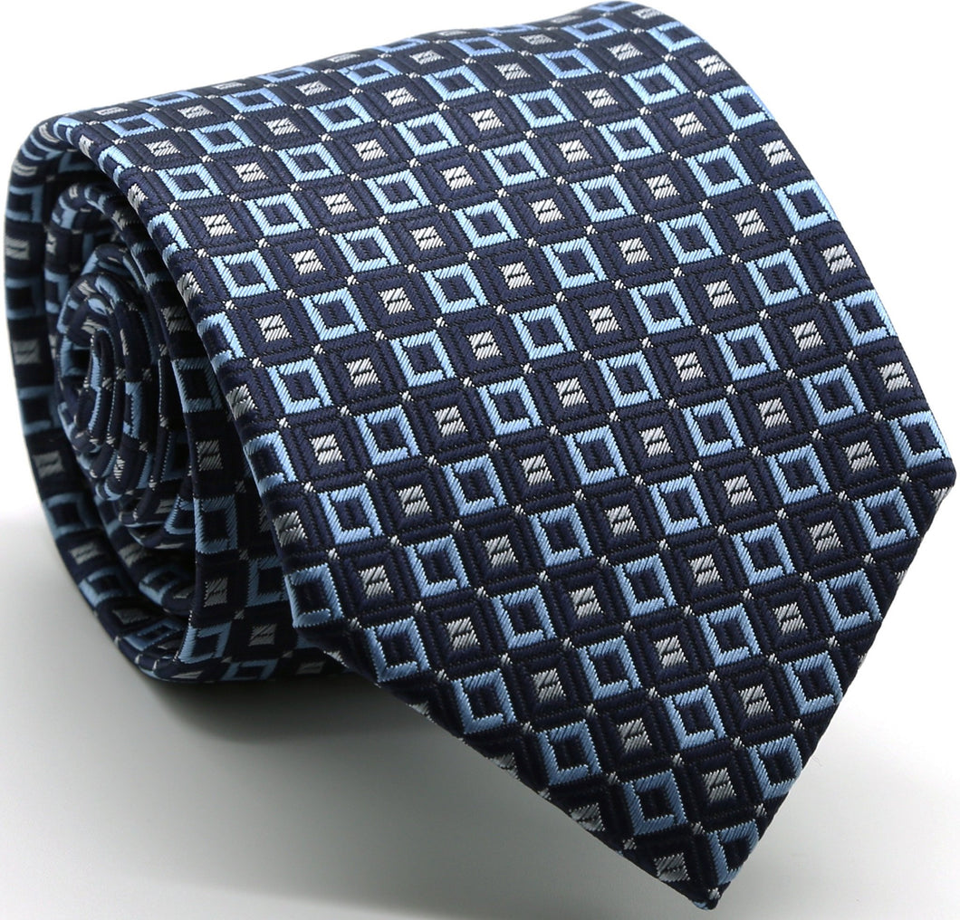 Mens Dads Classic Navy Geometric Pattern Business Casual Necktie & Hanky Set Y-12 - Ferrecci USA 