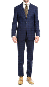 Yves Navy Blue Plaid Check Men's Premium 2pc Premium Wool Slim Fit Suit - Ferrecci USA 