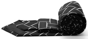 Mens Dads Classic Black Geometric Pattern Business Casual Necktie & Hanky Set Z-9 - Ferrecci USA 